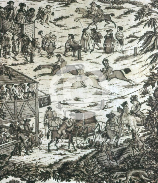 Horseracing at the Turf Inn (Furnishing Fabric), England, c. 1780. Creator: Unknown.