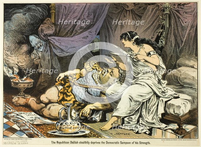 The Republican Dalilah Stealthily deprives the Democratic Sampson ..., published November 10, 1880. Creator: Joseph Keppler.
