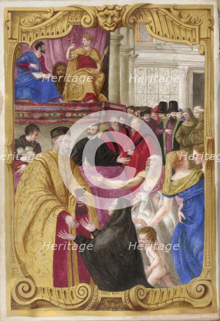 Distribution of alms in a piazza by an elderly official, [Zane?]..., 1568. Creator: Unknown.