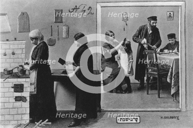 Jewish family preparing for Shabbas, Poland, early 20th century. Artist: Unknown