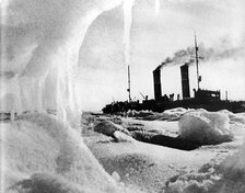 Icebreaker Krasin among ice floes of the Arctic Ocean, 1936.