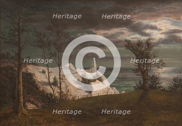 The "Summer Spire" on the Chalk Cliffs of the Island of Mon, Moonlight, 1831. Creator: Frederik Hansen Sodring.