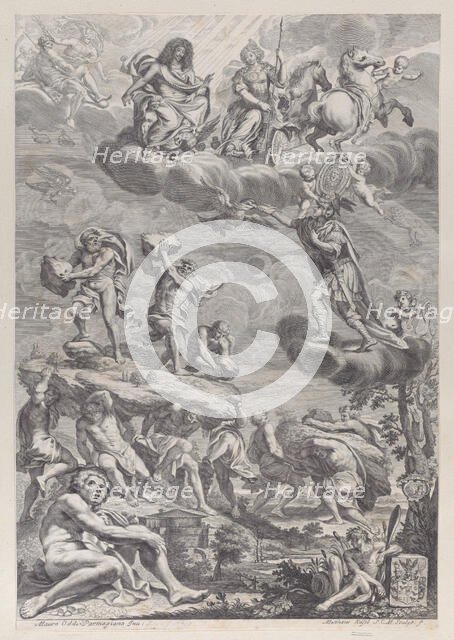 Leopold I of Austria as Jupiter with his wife enthroned in the clouds, looking down..., ca. 1659-82. Creator: Mathäus Küsel.