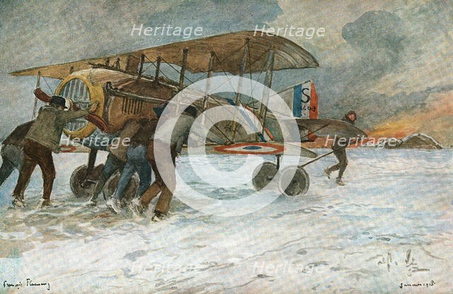 ''Combat Aerien; Retree d'Spad qui a atterri loin des hangars, a l'autre extremite..., 1918. Creator: Francois Flameng.