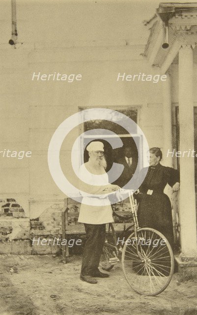 Russian author Leo Tolstoy with a bicycle, Russia, 1890s. Artist: Sophia Tolstaya