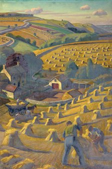 Men build haystacks amid a pastoral landscape, between 1939 and 1946. Creators: Central Office of Information, Adrian Paul Allinson.