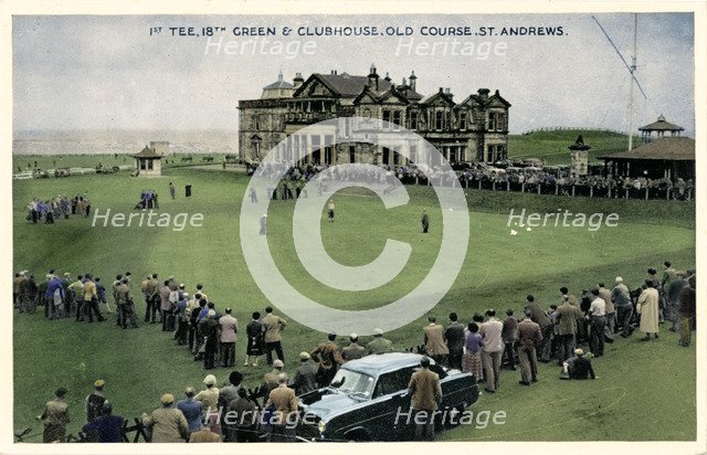 '1st Tee, 18th Green & Clubhouse, Old Course, St. Andrews', c1955. Artist: Unknown.