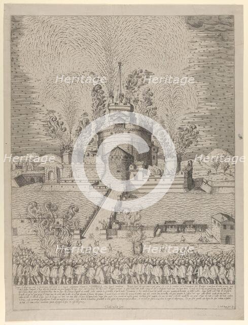 The firework display called 'Girandola' at the Castello Sant'Angelo in Rome, a nocturnal s..., 1579. Creator: Giovanni Ambrogio Brambilla.