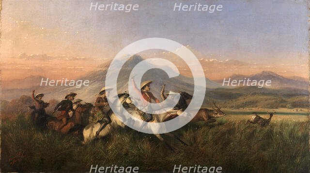 Six Horsemen Chasing Deer, 1860. Creator: Raden Saleh.