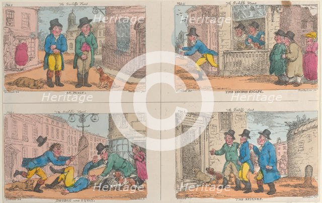 The Bailiff's Hunt: At Fault, The Second Escape, Double and Squat, and The Seizure, 1809., 1809. Creator: Thomas Rowlandson.