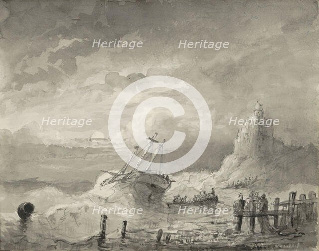 Ship in distress off the coast, c.1825-c.1875. Creator: Circle of Petrus Johannes Schotel.