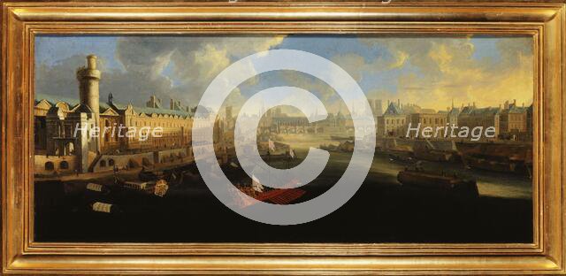 Grande Galerie of the Louvre, with new door, the Pont-Neuf, the city, the college..., around 1665. Creator: Unknown.