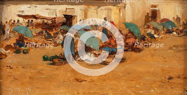 Hungarian market with blue umbrellas, 1874. Creator: August von Pettenkofen.