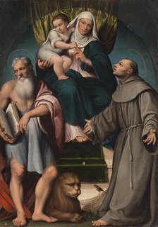 Saint Anna and the infant Christ enthroned between Saints Jerome and Francis, 1541. Creator: Bassano, Jacopo, il vecchio (ca. 1510-1592).