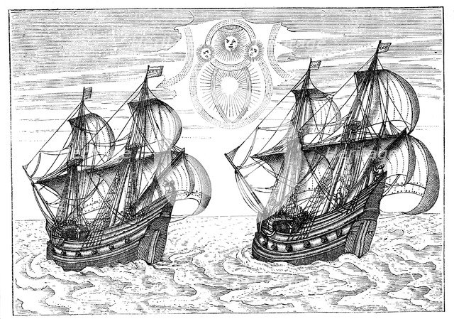 Ships of Willem Barents' expedition to the Arctic, 1596. Artist: Unknown