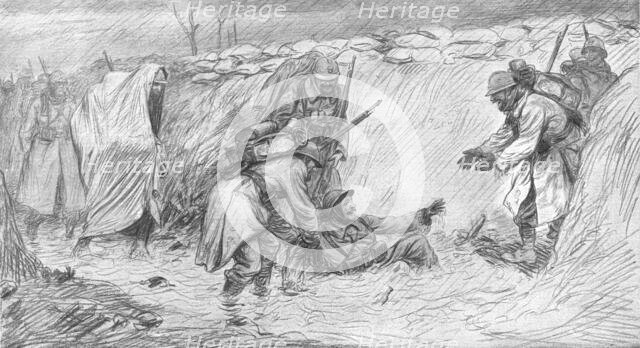 'Sa bonne humeur:"T'en fais pas, dans quelques jours, y aura du caillebotis!" ', 1915 (1924) Creator: Unknown.