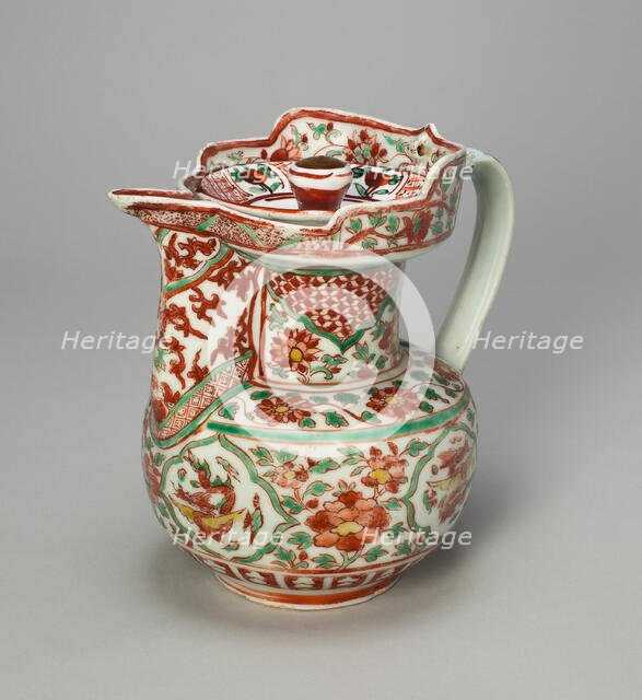 Covered Ewer with Dragons and Peonies, Ming dynasty, 16th cent., overglaze painting added later. Creator: Unknown.