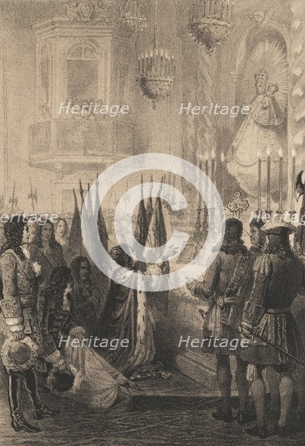 Austrian Flags offered to the Virgin of Atocha by Queen Mary, engraving, 1870.