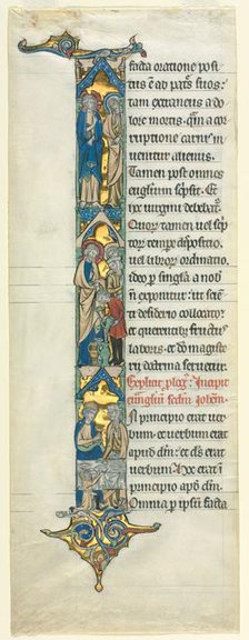 Partial Leaf from a Latin Bible: Initial I[n principio] with the Marriage at Cana, c. 1260-1270. Creator: Unknown.