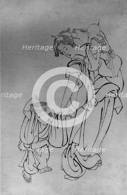 Mother and Children in Summer Night, 18th-19th century. Creator: School of Katsushika Hokusai.