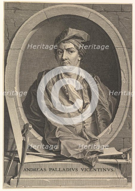 Portrait of Andrea Palladio in half-length within an oval frame; a compass, carpenter's sq..., 1716. Creator: Bernard Picart.