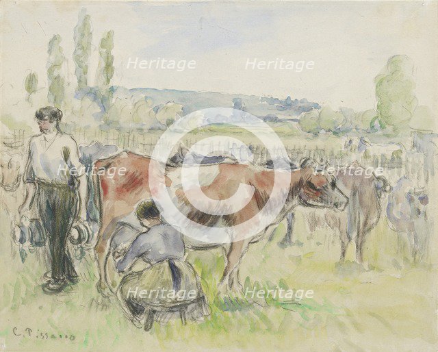 Compositional study of a milking scene at Eragny-sur-Epte, 1884. Artist: Camille Pissarro.