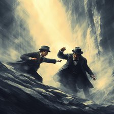 AI IMAGE - Sherlock Holmes and Professor Moriarty fighting on the Reichenbach Falls, 2023. Creator: Heritage Images.