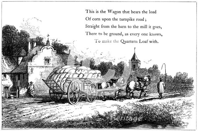 Wagon loaded with sacks of corn on the road to a flour mill, 1860. Artist: Unknown