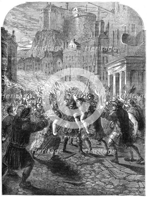 A mob carrying Captain John Porteous to his execution, Edinburgh, 1736 (19th century). Artist: Unknown