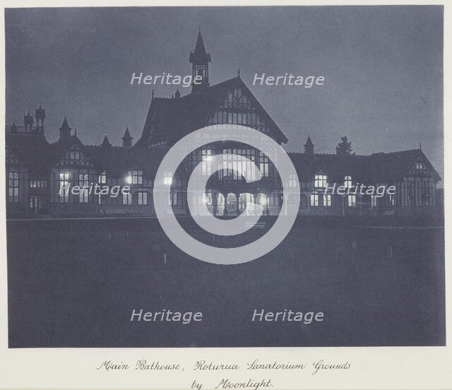 Main bathouse (sic), Rotorua Sanatorium grounds by moonlight, 1920s. Creator: Harry Moult.