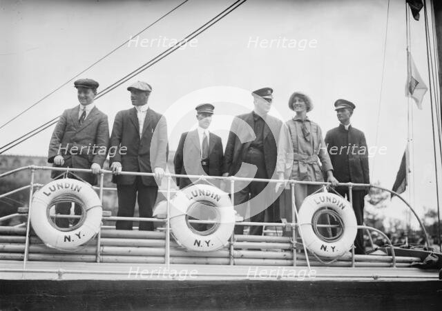 Crew of Lundin Boat, A.J. Meldrum, Chas. Kliktherg, Walter Patterson, E. Sivard & wife..., 1914. Creator: Bain News Service.