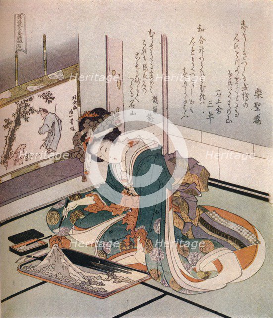 'A woman making a miniature model of Mount Fuji', c1823. Creator: Hokusai.