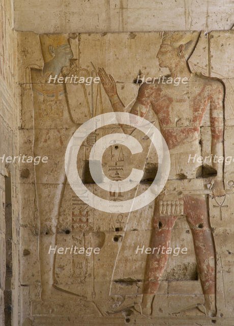 Relief of the Pharaoh and god Ptah...Temple of Seti I, Abydos, Egypt, New Kingdom...(2003). Creator: LTL.