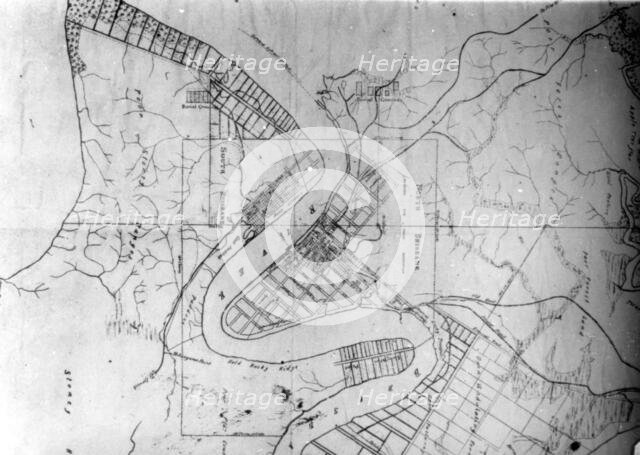 Aerial map of Brisbane showing North Brisbane, South Brisbane. Creator: Unknown.