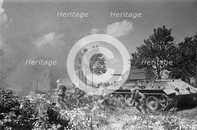 Operation Kutuzov. Soviet troops follow their tanks near Orel. Artist: Anonymous  