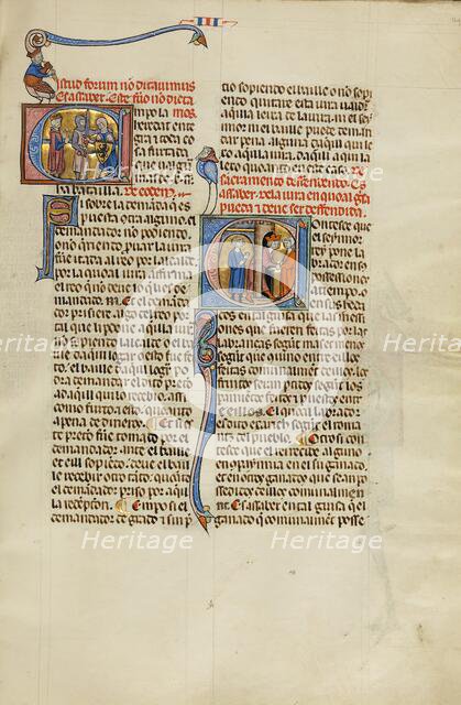 Initial E: Two Soldiers Fighting and a Judge: Initial C: A King Pulling a Man..., about 1290-1310. Creator: Unknown.