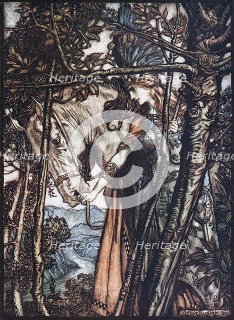 Brünnhilde leads her horse by the bridle. Illustration for The Rhinegold and The Valkyrie by Richa Artist: Rackham, Arthur (1867-1939)