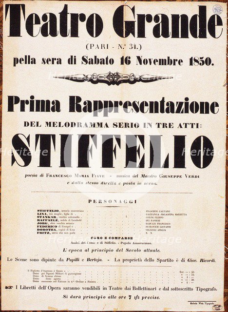 Premiere Poster for the opera Stiffelio by Giuseppe Verdi in Teatro Grande, Trieste, 1850.