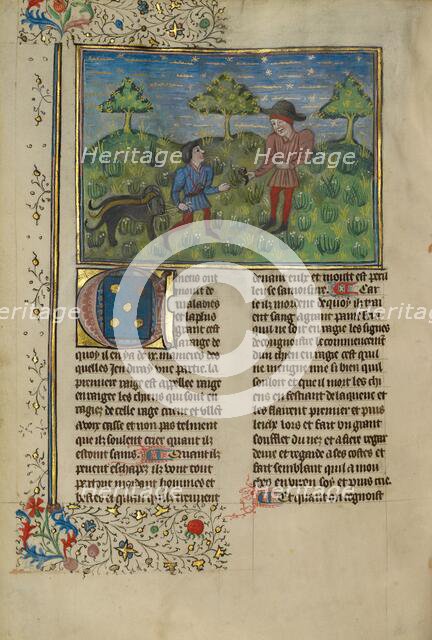 A Doctor, a Hunter, and Three Sick Dogs; Livre de la Chasse, about 1430-1440. Creator: Unknown.