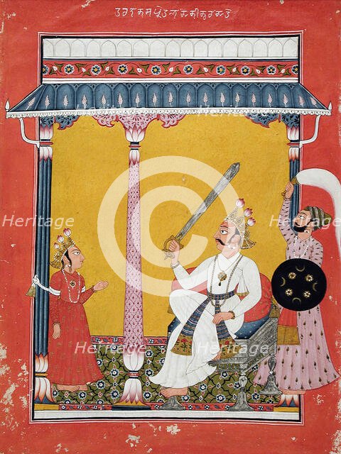 Hiranyakasipu About to Decapitate Prahlada, Folio from a Bhagavata Purana..., c1725. Creator: Unknown.
