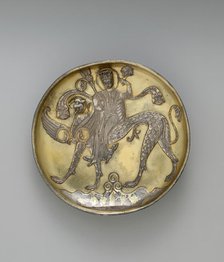 Plate Depicting a Female Figure Riding a Fantastic Winged Beast, Iran, probably 8th century. Creator: Unknown.