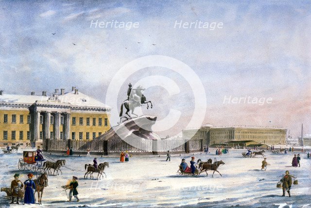 Monument of Peter the Great in the Senate Square of St Petersburg, Russia, winter, 1822. Artist: Anon