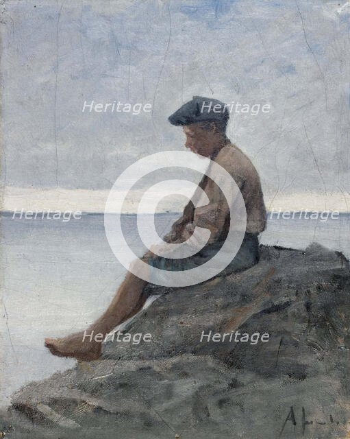 Boy sitting on rocks at the beach, 1880-1889. Creator: Amelie Lundahl.
