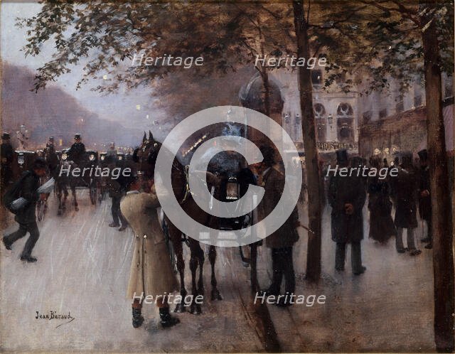 Boulevard des Capucines, in the evening, in front of Cafe Napolitain, c1880. Creator: Jean Beraud.