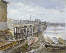 View of Battersea Bridge looking across the River Thames, London, 1885. Artist: John Crowther