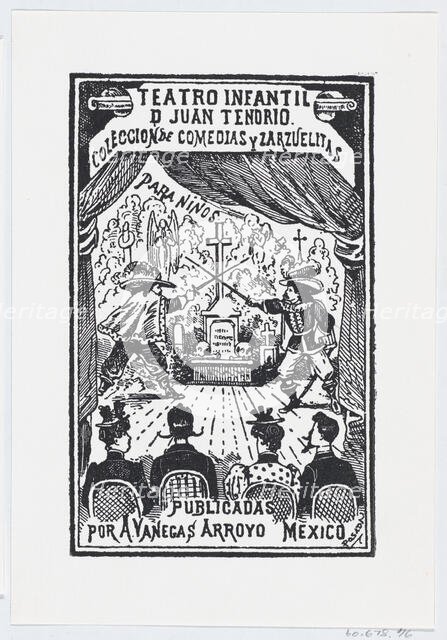 Two men dueling on a stage in front of an audience, illustration for 'Teatro Infa..., ca. 1880-1910. Creator: José Guadalupe Posada.
