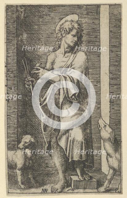 St Lazarus flanked by two dogs, from the series 'Piccoli Santi' (Small Saints), c..., ca. 1500-1527. Creator: Marcantonio Raimondi.