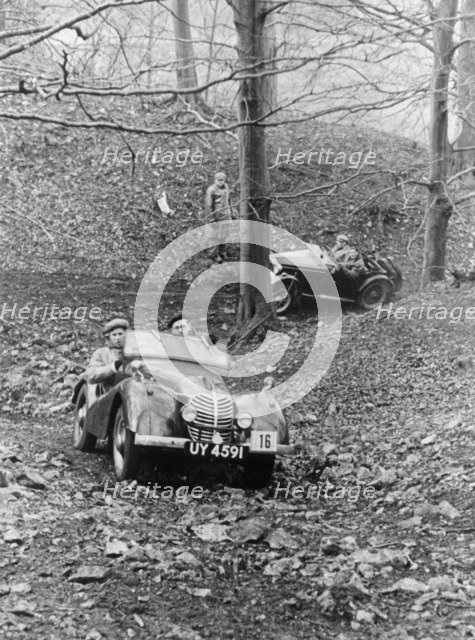 Peter Collins taking part in a hill climb, March 1949. Artist: Unknown