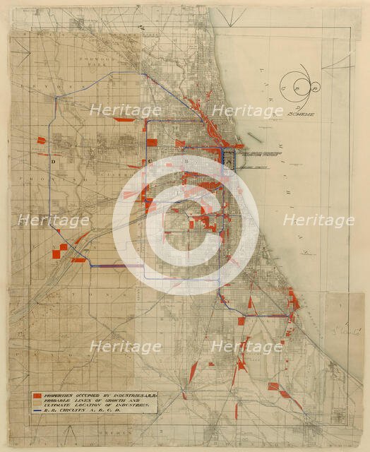 Plan of Chicago, Chicago, Illinois, Railroad Circuits Diagram, 1909. Creator: Daniel Burnham.