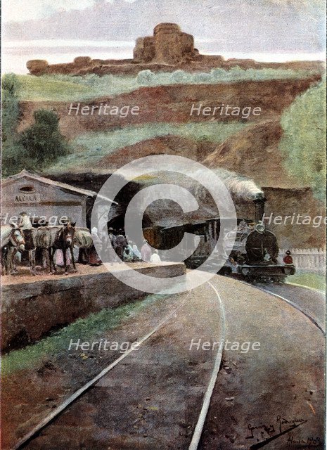 Landscapes of Seville, Panaderos train station, drawing by Garcia y Rodriguez, 1903.